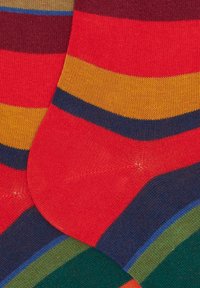 Bunte gestreifte Socken in Rot, Gelb, Marineblau und Grün. Hergestellt aus einem glatten, gestrickten Material mit lebhaften horizontalen Streifen.