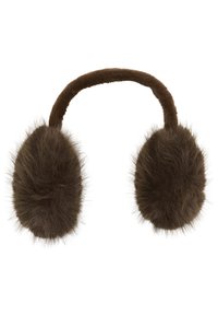 Hnedé naživo vyzerajúce umelé kožušinové náušníky s mäkkým, zaobleným dizajnom a látkovou čelenkou v rovnakej farbe. Bez viditeľných kovových prvkov alebo vzorov.
