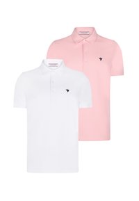 Dos camisetas de polo, una blanca y una rosa. Ambas tienen mangas cortas, un cuello y un pequeño logo de un pájaro negro en el pecho.