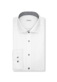 Biała koszula na długi rękaw z ciemnym kontrastowym wewnętrznym kołnierzem, zapinana na guziki na przodzie i mankietach, starannie złożona, widoczna metka marki wewnątrz kołnierza.