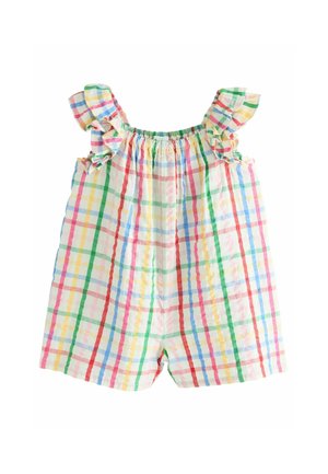 Colorful plaid romper features ruffled shoulder straps, elastic neckline, and a lightweight fabric with a blend of pink, green, yellow, and blue.