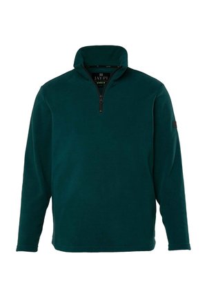 Donkergroene fleece pullover met een kraag met halve rits, lange mouwen en een klein logopatch op de linker mouw. Zachte textuur, relaxte pasvorm.