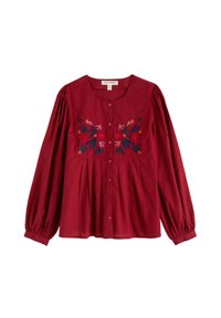 Červená blúzka s dlhým rukávom, okrúhlym výstrihom, zapínaním na gombíky a vyšívanými kvetinovými vzormi v rôznych farbách na hrudi.