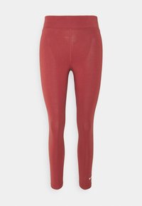 Röda, åtsittande tränings leggings med en slät textur och hög midja. Har en liten vit logotyp nära ankeln.