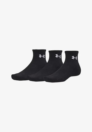 Three black ankle socks with white Under Armour logo on the cuff displayed side by side on a white background.