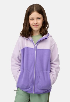 Giacca a felpa con cappuccio in viola chiaro e scuro con zip frontale, tasche laterali e logo sul petto. Texture morbida, vestibilità comoda.