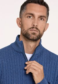 Pull bleu tricoté avec un col zippé, présentant un motif de câble texturé. Le tissu semble doux avec des accents côtelés au niveau du col et des poignets.