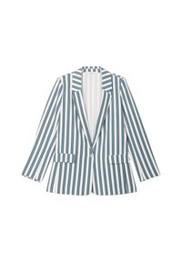 Blazer rayé en teal et blanc, fait en tissu lisse. Il dispose d'un col à revers, d'une fermeture à bouton unique et de deux poches avant.