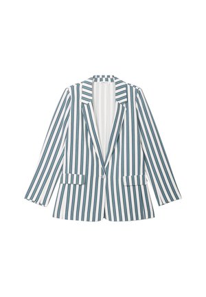 Striped blazer in teal and white, made of smooth fabric. Features a notched lapel, single button closure, and two front pockets.