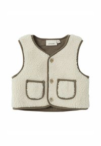 Fleece-Weste mit einem cremefarbenen Körper, braunem Bündchen und zwei Fronttaschen. Verfügt über einen Knopfverschluss und eine weiche, strukturierte Oberfläche.
