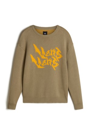 Khaki sweater met een ronde halslijn, geribbelde manchetten en onderrand, met een grote gele grafische tekstontwerp aan de voorkant.