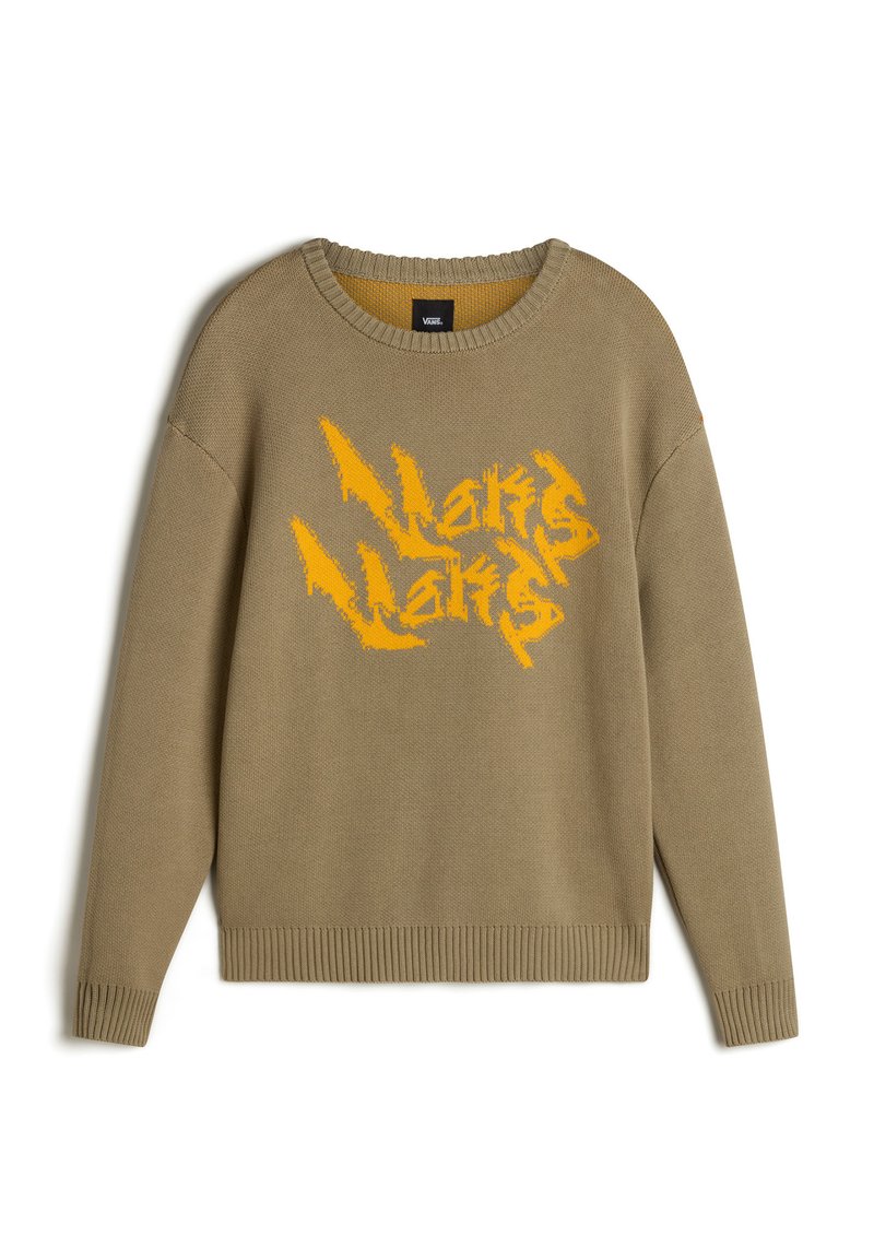 Khaki sweter z okrągłym dekoltem, ściągaczami przy rękawach i dolnej krawędzi, z dużym żółtym tekstem graficznym na przodzie.