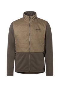Veste vert olive foncé avec une section thoracique rembourrée, un col haut et des poches zippées. Présente un logo de marque ton sur ton. Matériau doux et texturé.