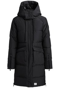 Long black padded winter coat with high collar, hood, front snap buttons, zippered cuffs, and two large flap pockets.