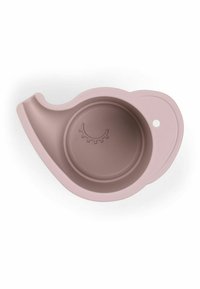 Pink silicone baby bowl with a curved divider and engraved closed eyelash design at the base, featuring a small hanging hole.