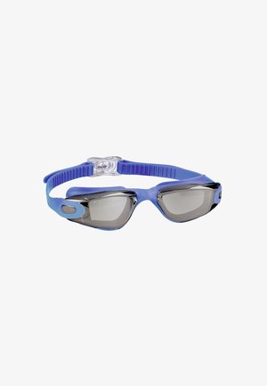 Zwembril met grijs getinte lenzen, een blauwe siliconen frame en een verstelbare band. Heeft zijclips voor een veilige pasvorm. Glad textuur en ergonomisch ontwerp.