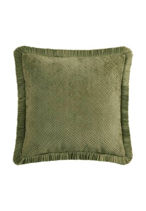 Square olive green textured cushion with a fringe border evenly surrounding all edges against a white background.