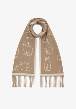 Beige scarf featuring white outlines of cats and rabbits, with fringe detailing at both ends. Soft texture and rectangular shape.