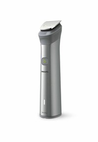 Philips wet and dry trimmer; sleek silver body, ergonomic design, green power button, light indicator, textured head for adjustable cutting.