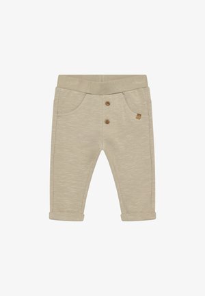 Beżowe spodnie z mieszanki bawełny o miękkiej teksturze, z prążkowanym paskiem w talii, dwoma przednimi kieszeniami oraz dwoma guzikami przy talii.