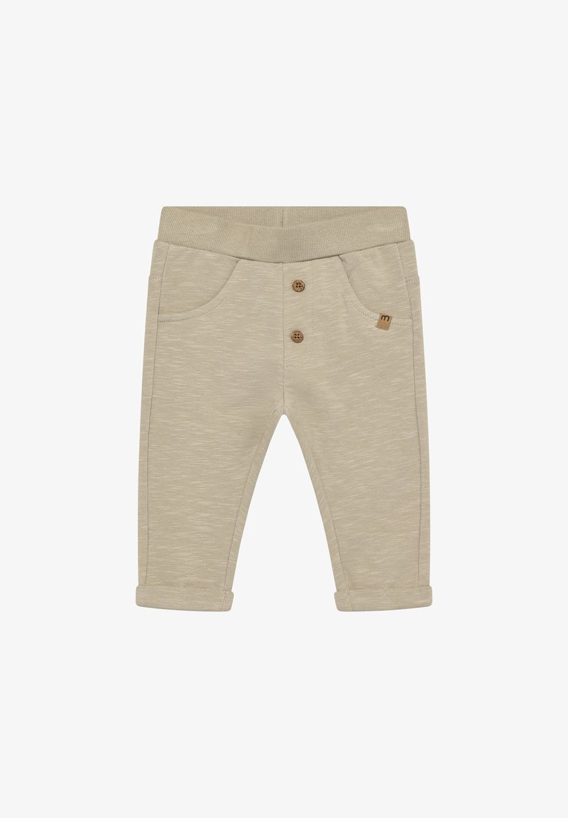 Beżowe spodnie z mieszanki bawełny o miękkiej teksturze, z prążkowanym paskiem w talii, dwoma przednimi kieszeniami oraz dwoma guzikami przy talii.