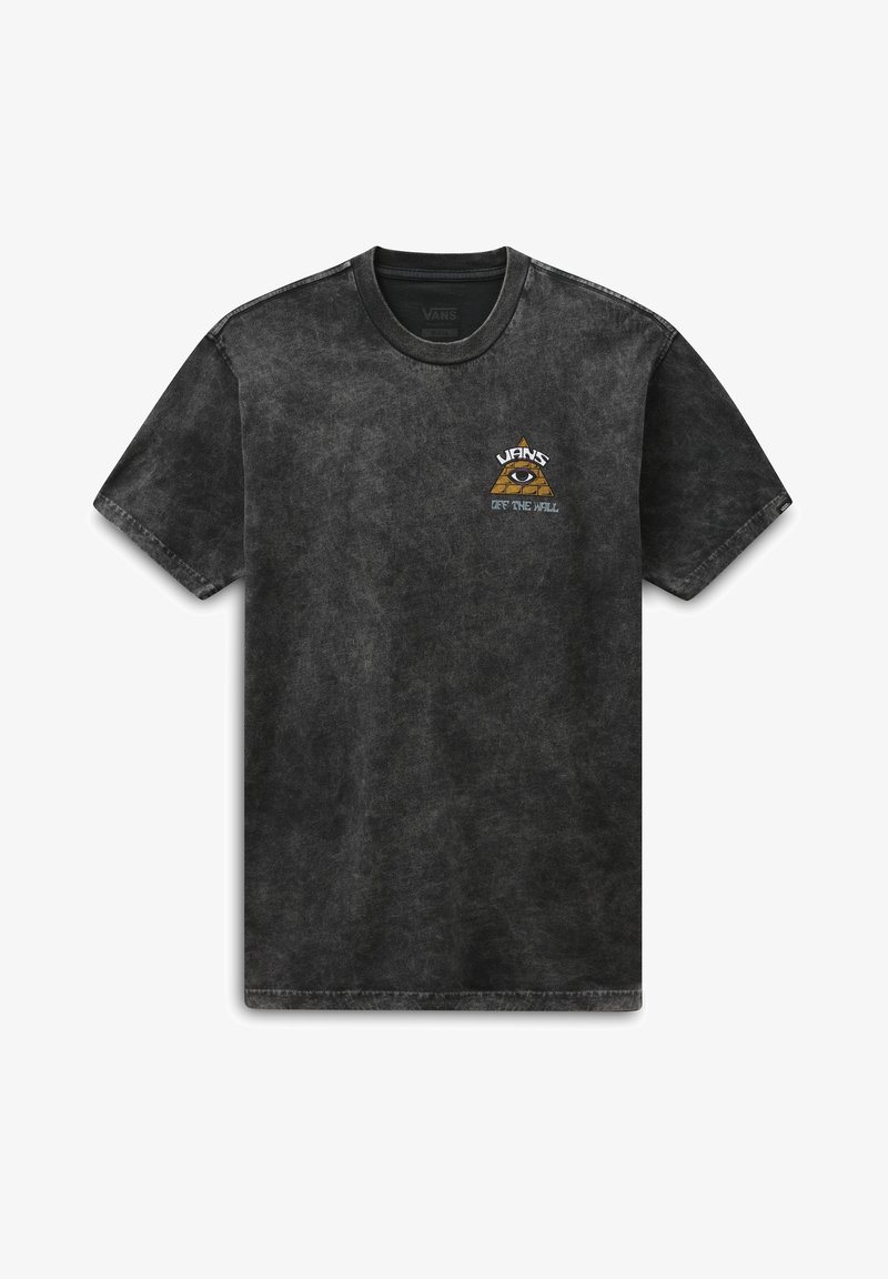 T-shirt Vans noire effet délavé acide avec un petit logo triangulaire jaune représentant un œil et le texte "Vans Off The Wall" sur le côté gauche de la poitrine.
