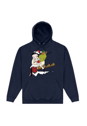 Marineblaue Kapuzenjacke mit einem bunten Grafikdesign eines Cartooncharakters in einem Weihnachtsmannhut, neben einem grünen Charakter mit einer Tasche, zentriert auf der Vorderseite.