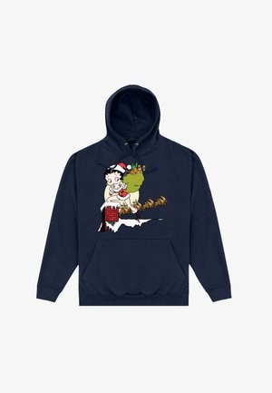 Hoodie bleu marine avec un graphisme coloré d'un personnage de dessin animé portant un chapeau de Noël, aux côtés d'un personnage vert avec un sac, centré sur le devant.