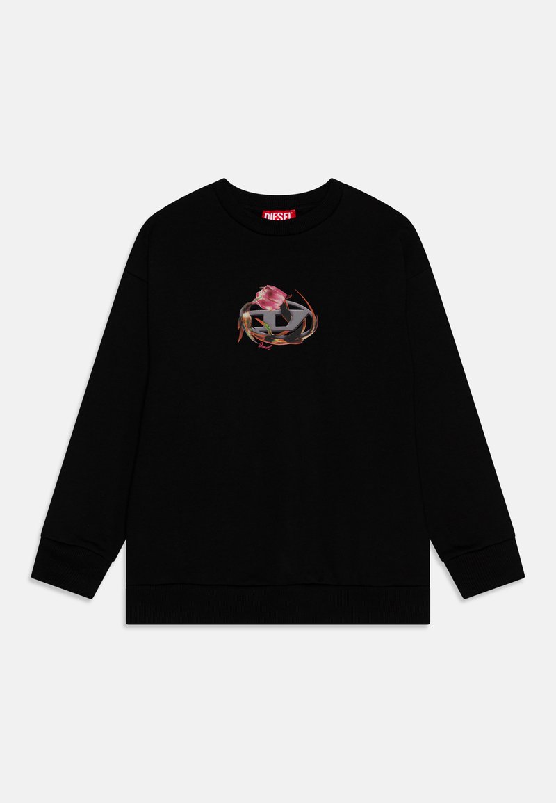 Felpa nera con maniche lunghe, polsini e collo a coste. Presenta una grafica colorata sulla parte anteriore e un'etichetta del marchio in evidenza.