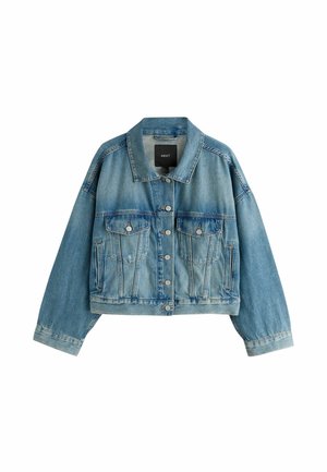 Light blue denim jacket with button closure, two chest flap pockets, side slit pockets, and a collared neckline.