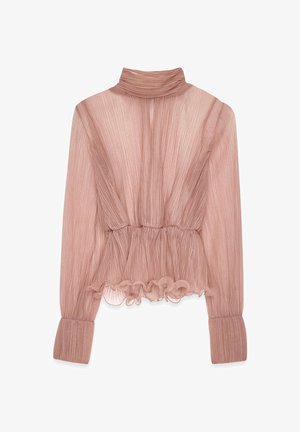 Blusa plisada de color rosa claro con un alto cuello, dobladillo con volantes y mangas largas, fabricada en tejido texturizado y con una cintura entallada.