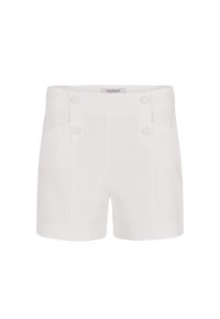 Shorts blancs ajustés avec une texture lisse, dotés de deux grands boutons à l'avant et de poches latérales, conçus pour une silhouette ajustée.