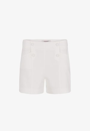 Weiße, maßgeschneiderte Shorts mit glatter Textur, ausgestattet mit zwei großen Vorderknöpfen und seitlichen Taschen, entworfen für eine fitte Silhouette.