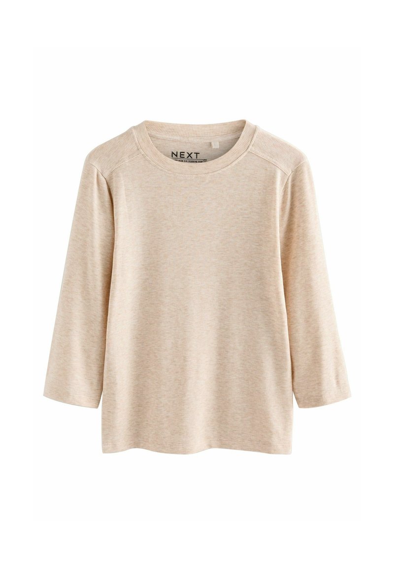 Beige långärmad T-shirt i texturerad tyg med rund halsringning och raglanärmar; har subtil vertikal mönstring.
