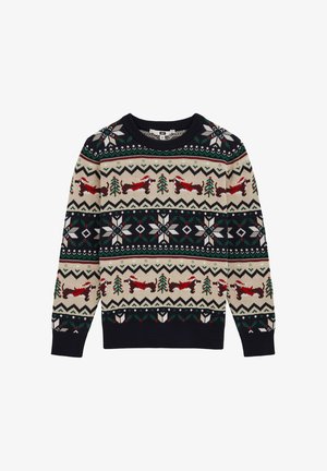 Megztinis su raštu, kuriame pavaizduoti raudoni lapės, medžiai ir geometriniai formos, mėlynos, grietinėlės, žalios ir raudonos spalvų atspalviuose.