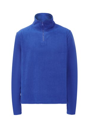 Koninklijk blauwe fleece pullover met een hoge kraag en een halve rits aan de voorkant. Lange mouwen met een gladde textuur en zonder zichtbare patronen of accenten.