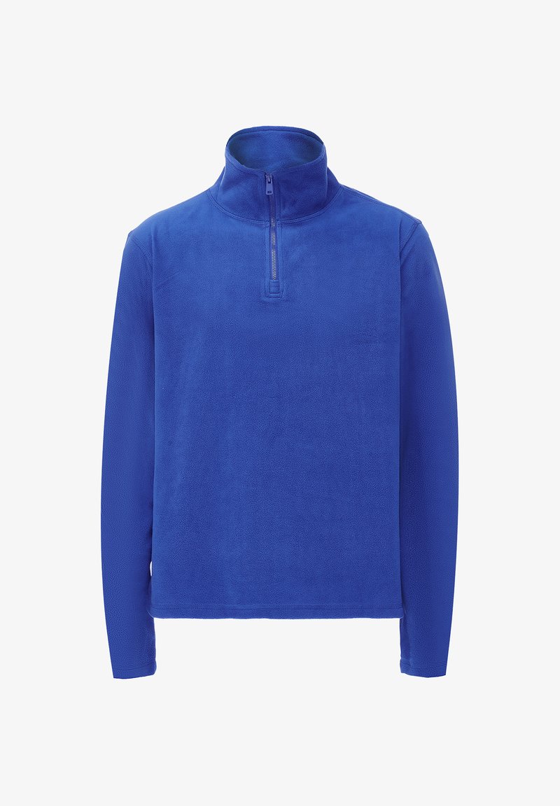 Royalblå fleecepullover med høj krave og halv lynlås fortil. Lange ærmer med en glat tekstur uden synlige mønstre eller detaljer.