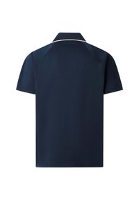 Polo à manches courtes bleu marine avec un liseré blanc sur le col, présenté de dos sur un fond blanc.