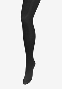 Sorte uigennemsigtige strømpebukser med en glat overflade, tætsiddende design og forstærket tå. Ideelle til lagdeling med forskellige outfits.
