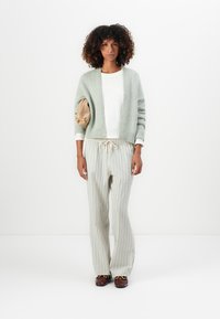 Vrouw met krullend haar, gekleed in een lichtgroene cardigan, witte blouse, gestreepte, wijde broek en bruine schoenen, houdt een beige clutch tegen een witte achtergrond.