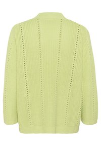 Cardigan tricoté oversize vert citron avec un motif rayé vertical, encolure ras du cou et poignets côtelés. Présente des détails en point ouvert sur l'ensemble.