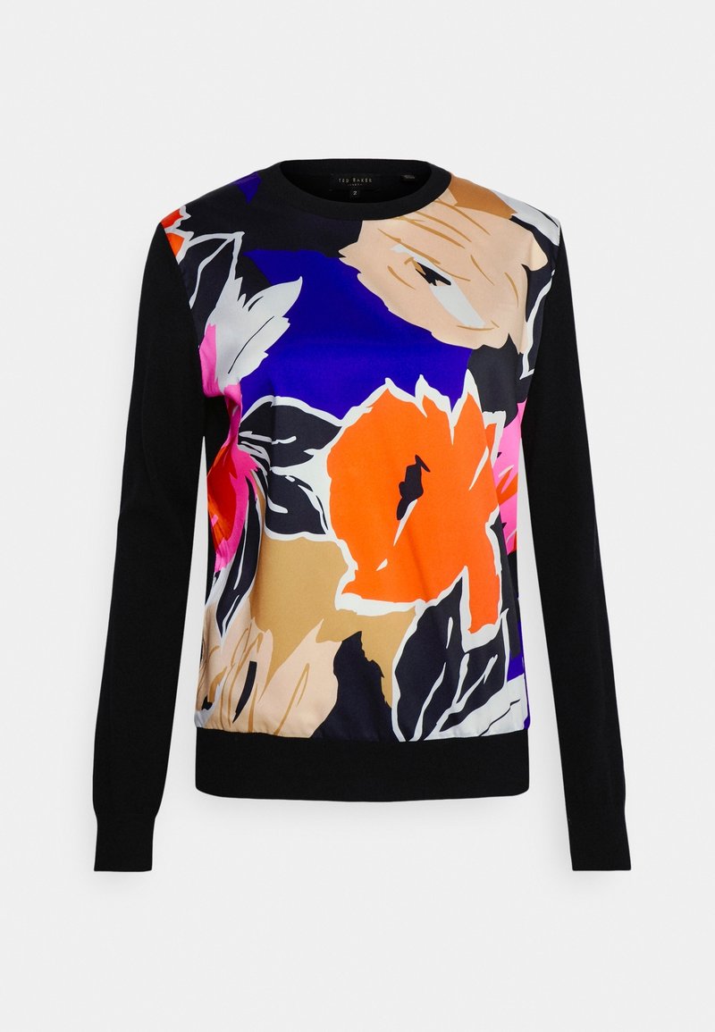 Damska bluza z długim rękawem w kwiatowy wzór z żywym, wielokolorowym przodem z czarnymi akcentami, okrągłym dekoltem i gładką fakturą.