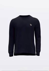 Tengerészkék hosszú ujjú pulóver, puha anyagból, kerek nyakkivágással, bal mellrészen kis hímzett logóval.