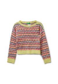 Mehrfarbiger, grob gestrickter Pullover mit langen Ärmeln und gerippten gelben Bündchen, Saum und Ausschnitt.