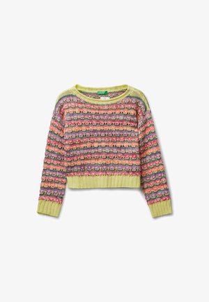 Mehrfarbiger, grob gestrickter Pullover mit langen Ärmeln und gerippten gelben Bündchen, Saum und Ausschnitt.
