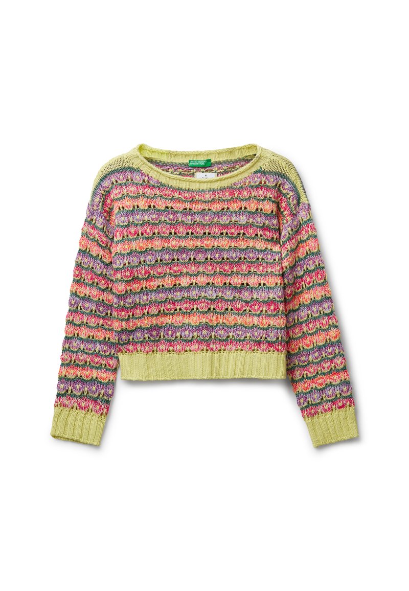 Mehrfarbiger, grob gestrickter Pullover mit langen Ärmeln und gerippten gelben Bündchen, Saum und Ausschnitt.