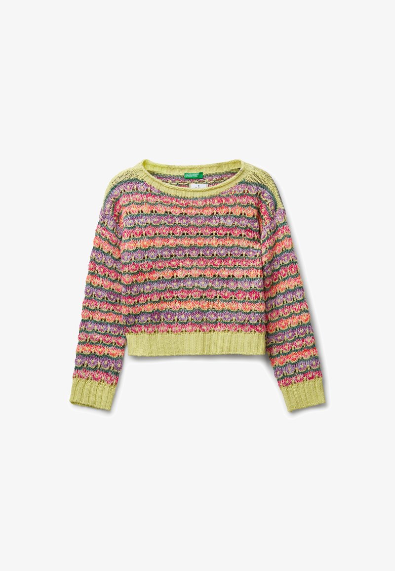 Mehrfarbiger, grob gestrickter Pullover mit langen Ärmeln und gerippten gelben Bündchen, Saum und Ausschnitt.