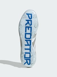 Cleated soccer shoe sole, featuring a transparent material, prominent blue "PREDATOR" branding, and textured grip patterns for traction.