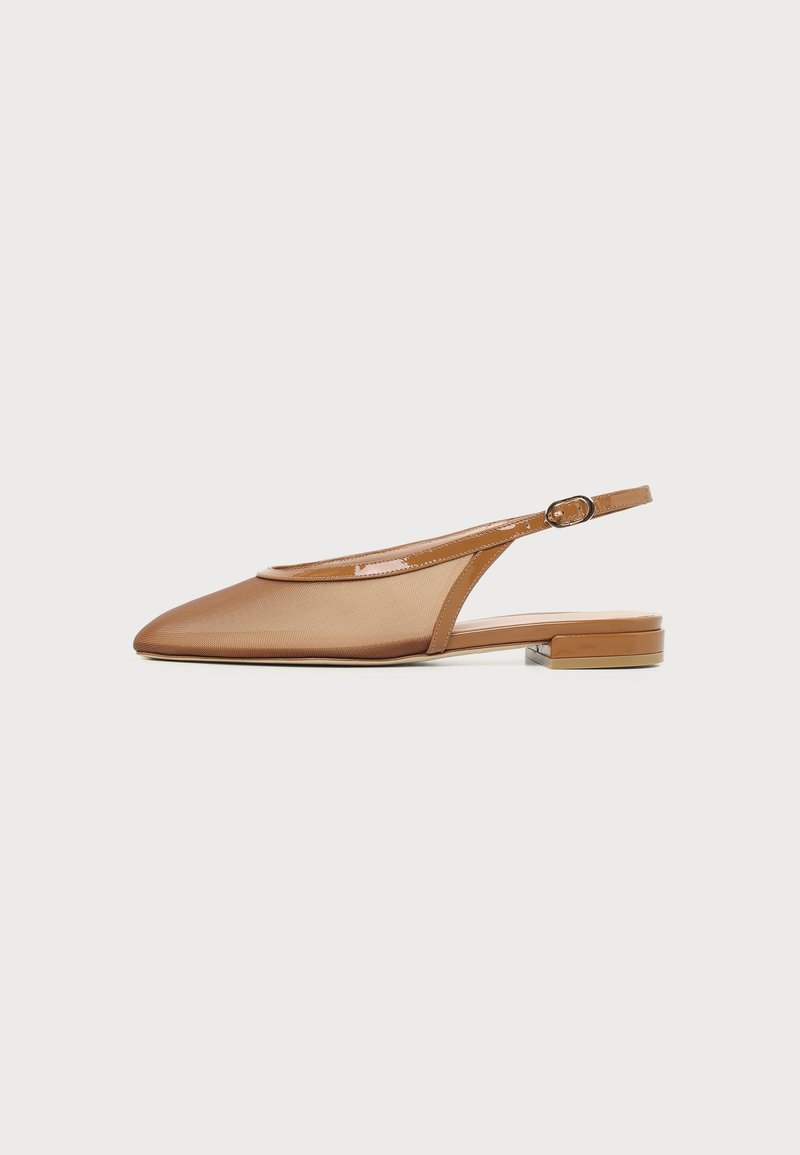 Brown slingback flat shoe with pointed toe, thin strap with buckle, and low block heel on white background.