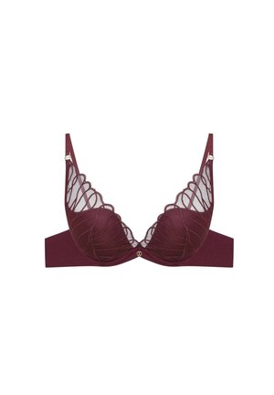 Burgundy bra with sheer cups, intricate scallop lace design, and smooth fabric band. Adjustable straps and gold hardware accents.